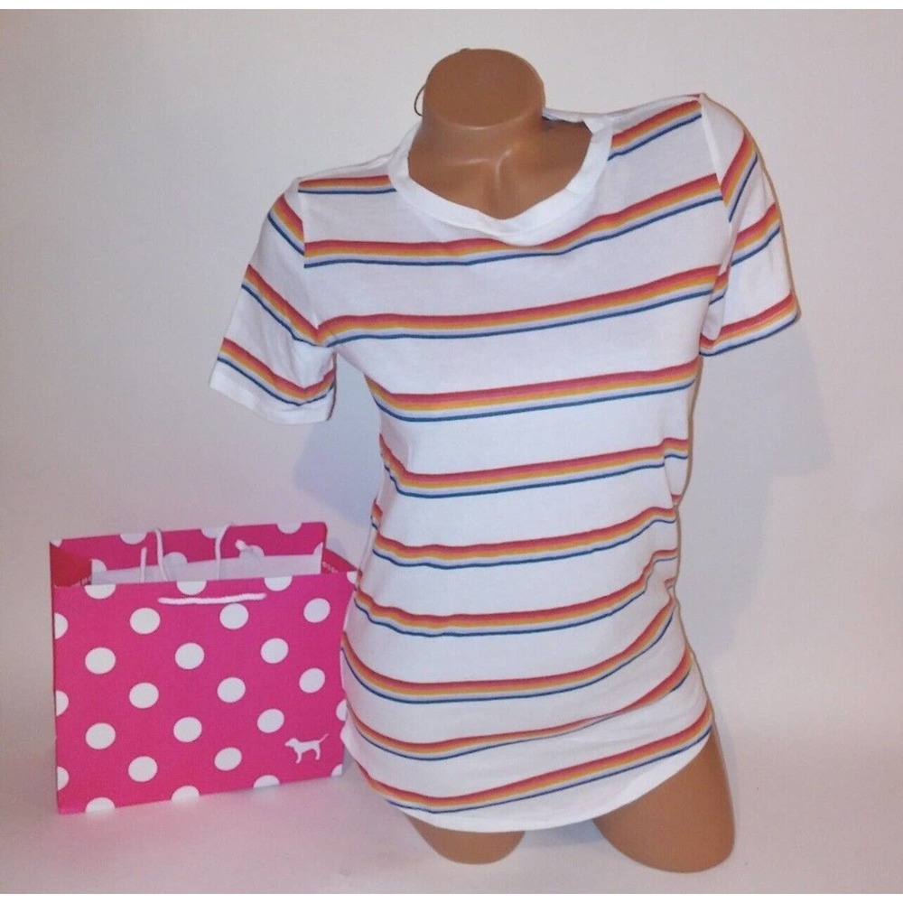 VICTORIA SECRET PINK Perfect Tee Crew T-Shirt STRIPED Dog Logo S SMALL NEW